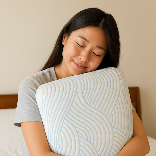 Woman holding a Nemuri pillow in a bedroom setting
